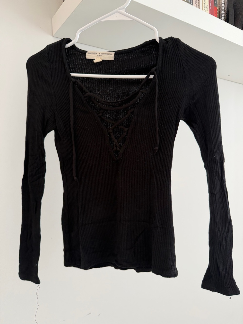 Urban Outfitters Women's Black Ribbed Lace-Up Long Sleeve Top